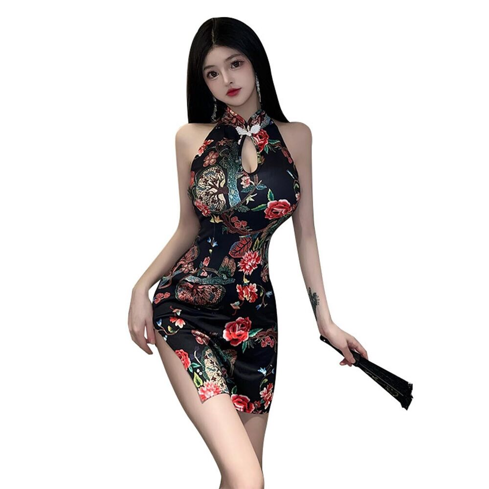 3718 Chinese Cheongsam Dress Anime Cosplay Lingerie Retro Print Qipao Mini